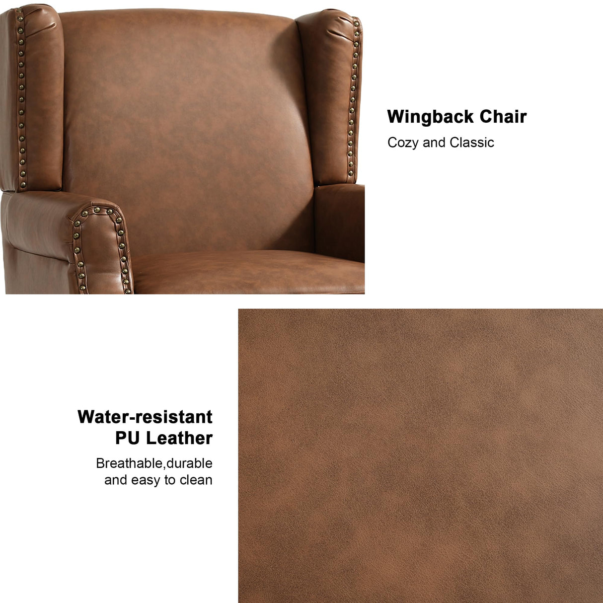 DREAMSIDEA Accent Chair, Upholstered High Back Armchair with Nailhead Trim & Wood Legs, Comfy Wingback Reading Single Sofa Chair for Small Spaces, Living Room, Bedroom (Leather Brown, Set of 1) DREAMSIDEA