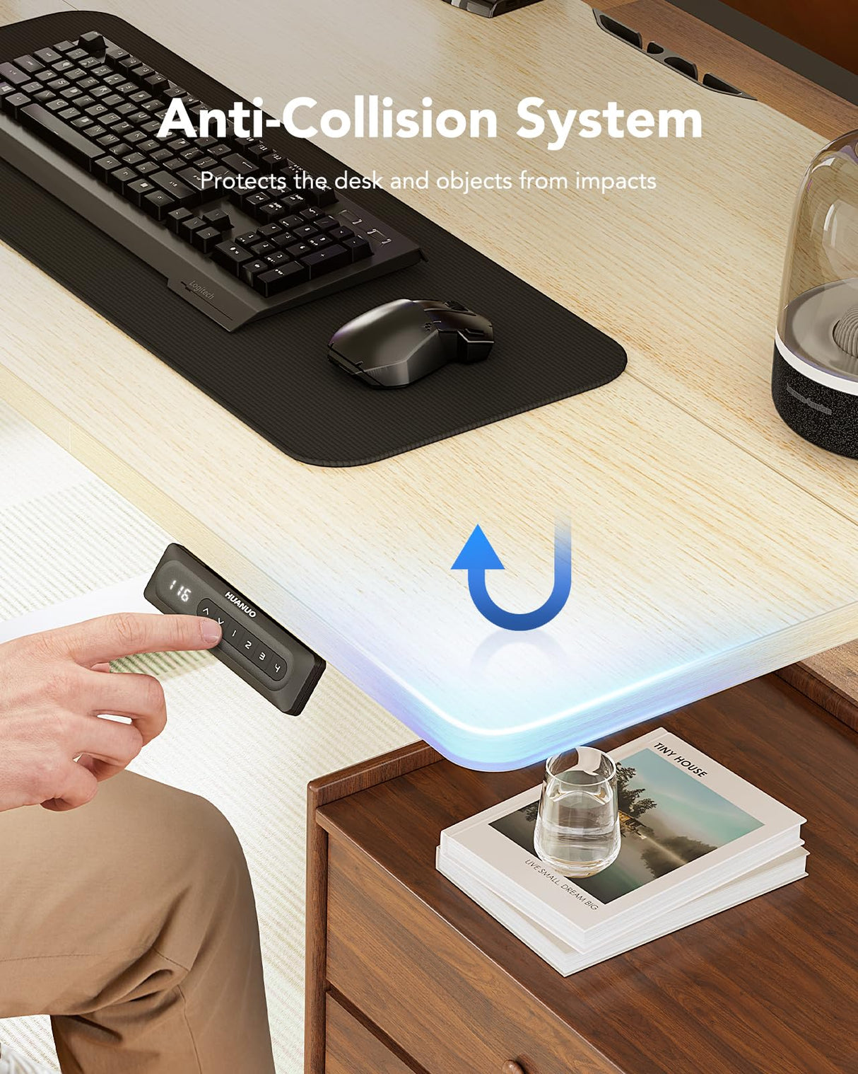 HUANUO 55" x 24" Electric Standing Desk Adjustable Height, 4 Memory Height Settings, Headphone Hook, Cable Manager, Sit Stand Up Desk for Home Office & Computer Workstation, Natural HUANUO