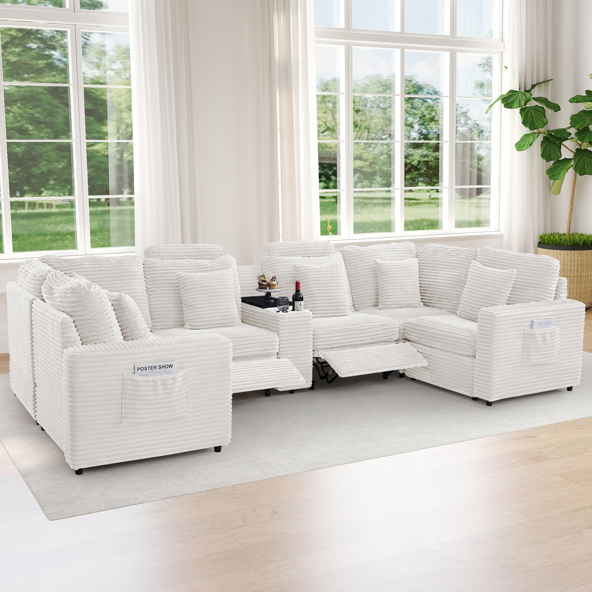 LEVNARY 6-Seat U Shaped Modular Sectional Sofa with Power Recliners, Faux Rabbit Fur Upholstery, Storage Console with Charging Ports & Cup Holders, Living Room Couch Set for Home Office (White) LEVNARY