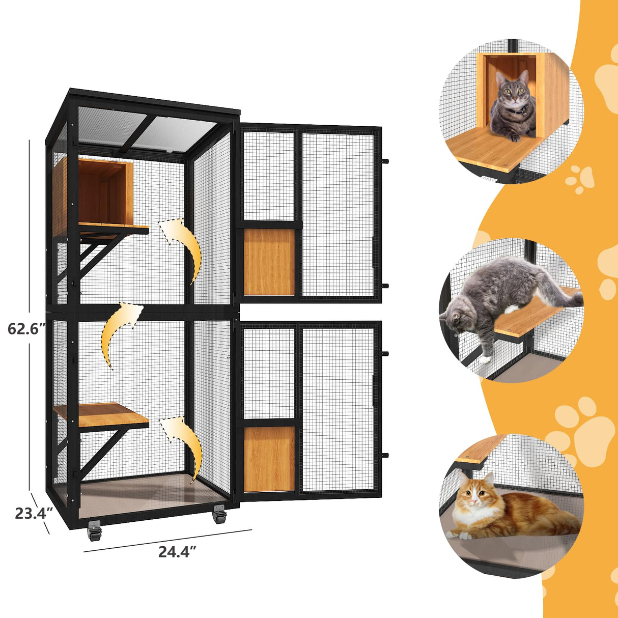 TRYKERPET 4 Tiers Catio Outdoor Cat Enclosure, Outdoor Cats House with 4 Wheels, Cat Enclosure Window Access with Removable Floor, Upgraded Resting Box, Waterproof Roof, Wooden Indoor Pet Cage, Black TRYKERPET