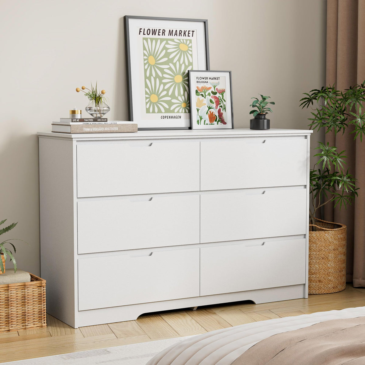 6 Drawers White Dresser for Bedroom, Wood Large Double Dresser with Hi