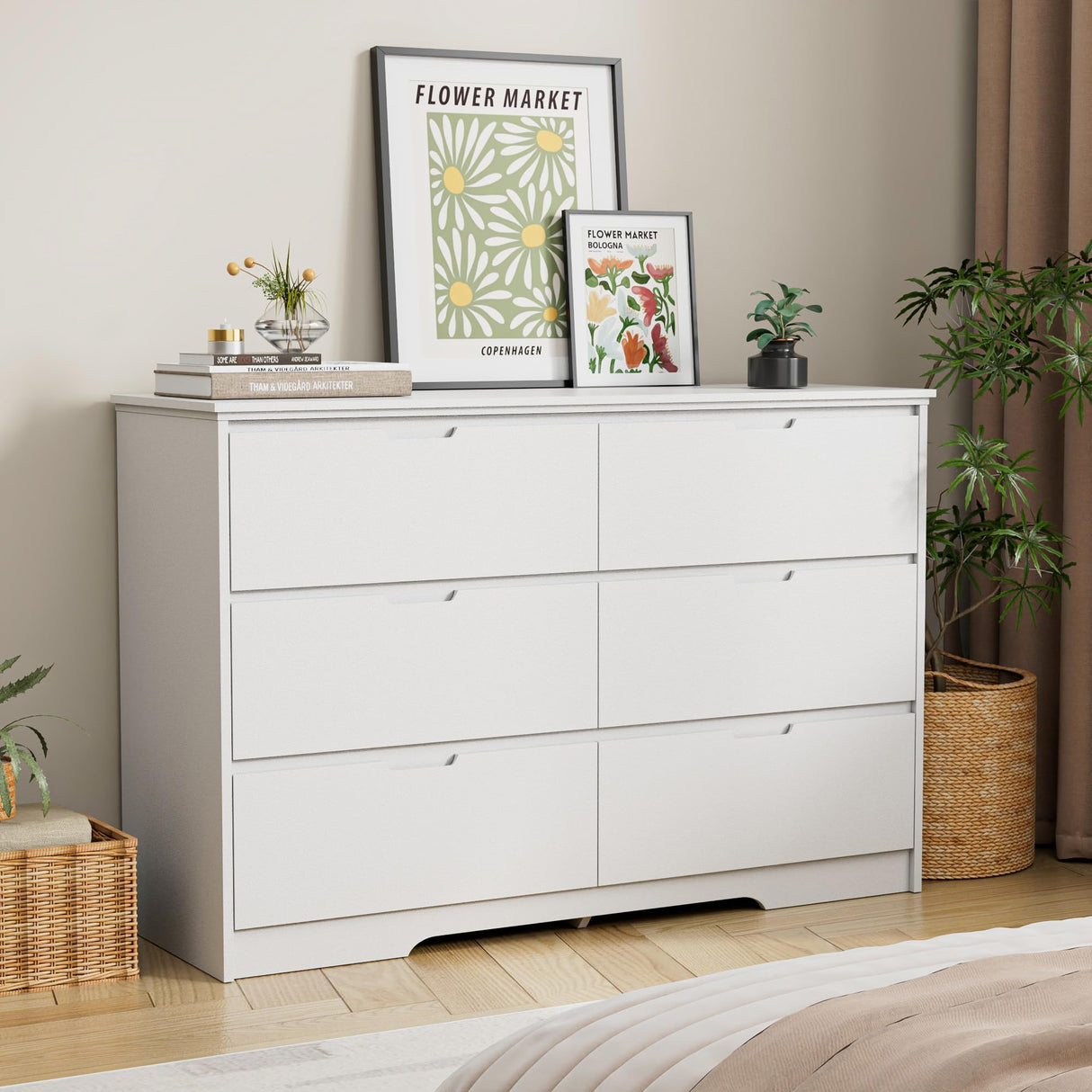 6 Drawers White Dresser for Bedroom, Wood Large Double Dresser with Hidden Handles, Modern Chests of Deep Drawer Storage Organizer for Hallway, Entryway Tradare