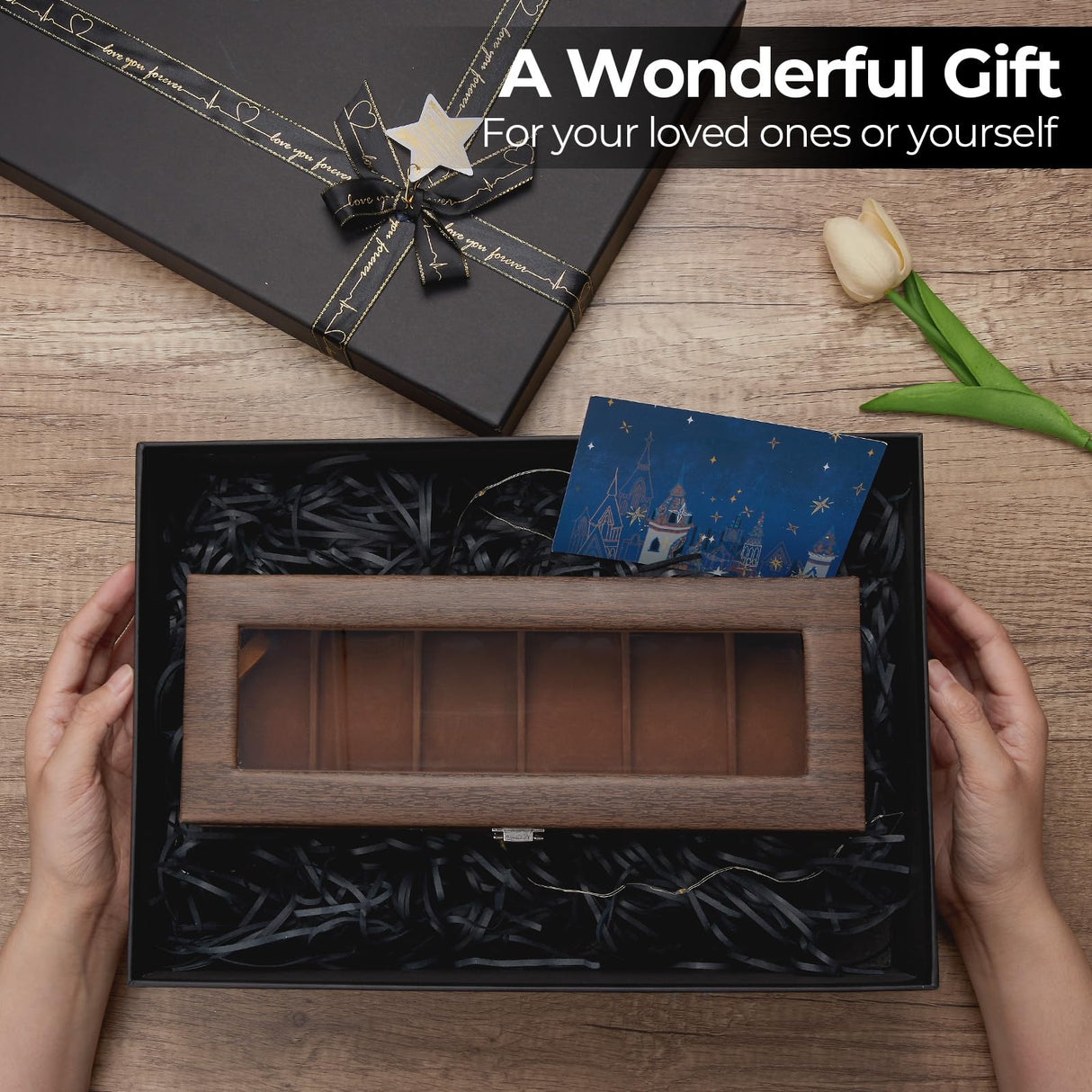 Ohuhu Watch Case, Watch Organizer for Men Wood Grain PU Leather - 6 Slot Watch Holder Real Glass Lid Jewelry Organizer Storage Soft Velvet Watch Display Case for Women Men Birthday Fathers Day Ohuhu