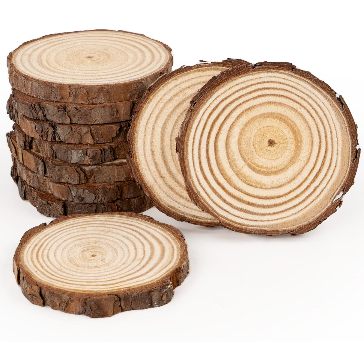 ilauke Wood Slices, 10 Pcs 3.5''-4'' Natural Wood Rounds, Wooden Circles with Bark, Unfinished Wood Kit for Paint DIY Ornaments Christmas Crafts Arts Wedding Decorations ilauke