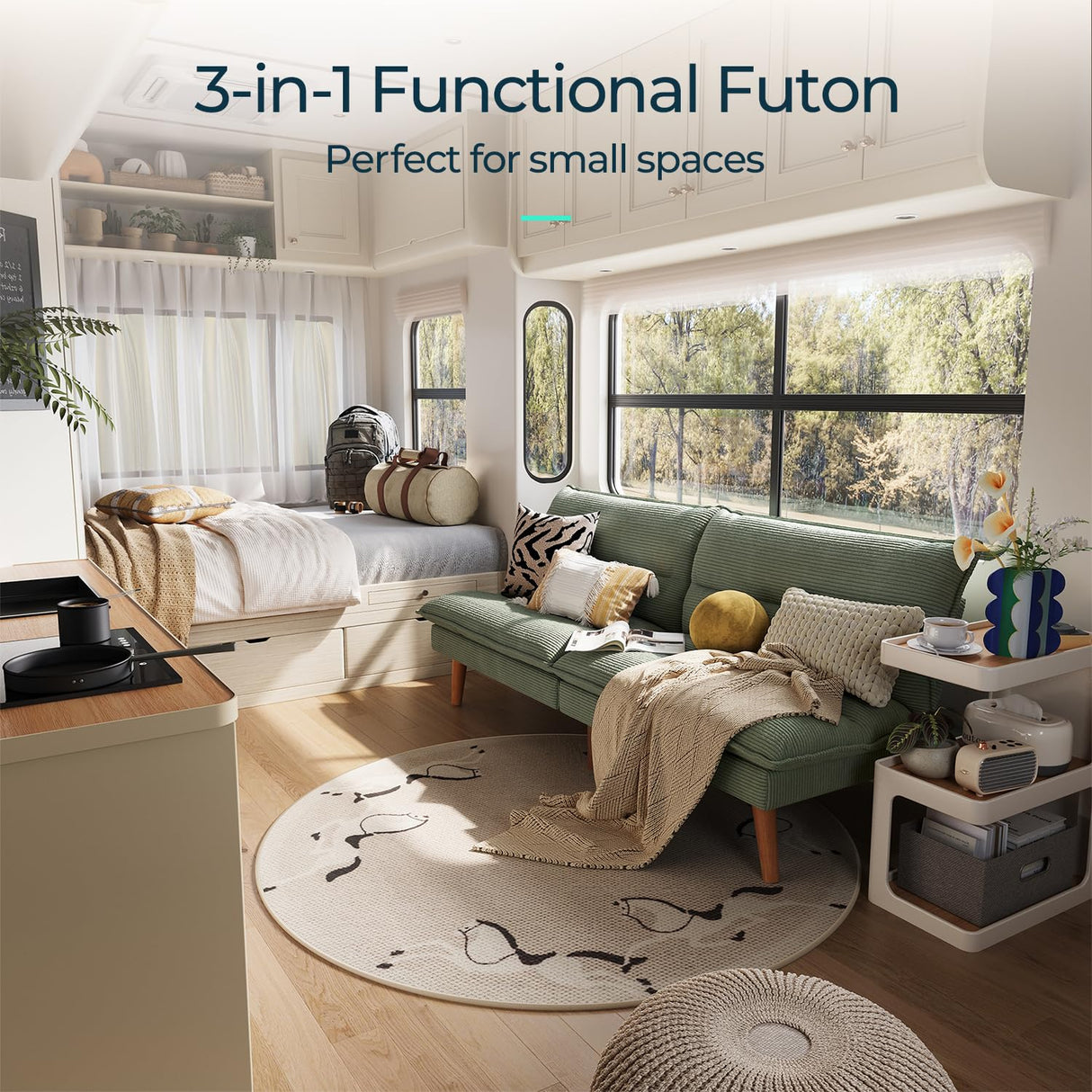 LINSY HOME Futon Sofa Bed - Convertible Corduroy Futon Couch Bed with Adjustable Backrest, Modern Small Loveseat Sleeper Sofa for Small Spaces, Living Room, Apartment or Office (Green) LINSY HOME