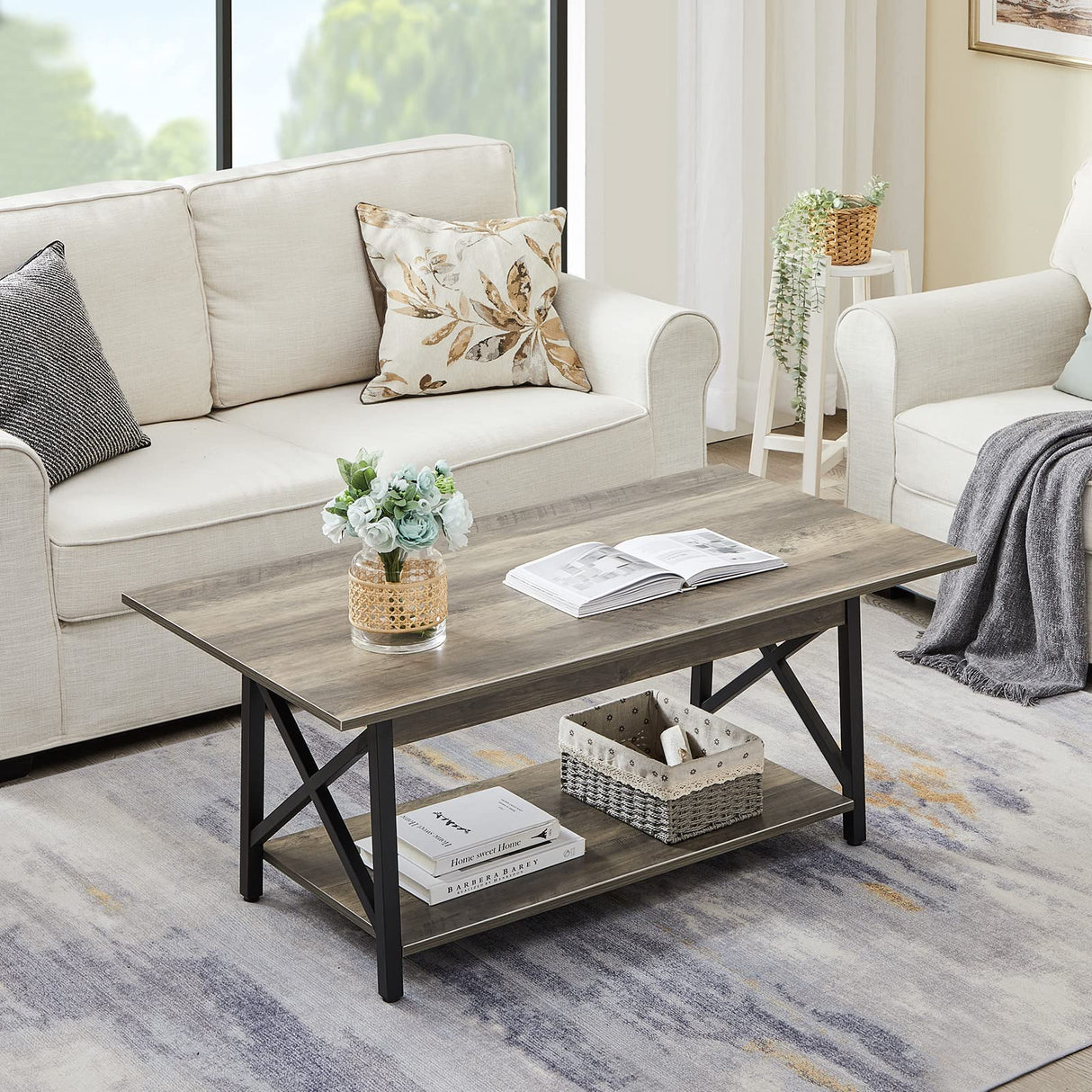 GreenForest Coffee Table Large 43.3 x 23.6 inch Rustic Farmhouse with Storage Shelf for Living Room, Easy Assembly, Grey WASH GreenForest