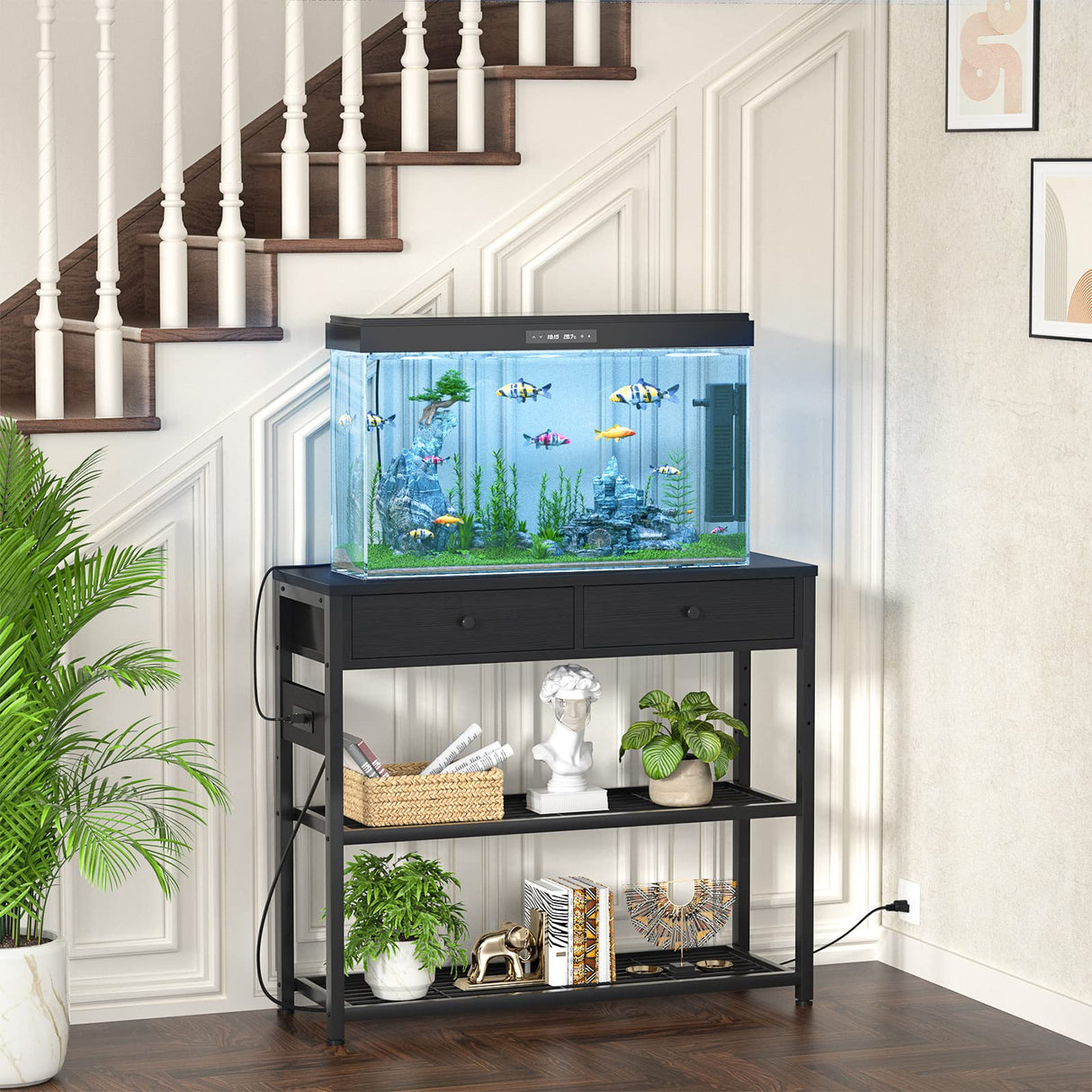 Ecoprsio Entryway Table with Outlets and USB Ports, Console Table with 2 Drawers, Small Sofa Table with Storage Shelves for Living Room, Couch, Hallway, Foyer, Kitchen Counter, 32'', Black Ecoprsio