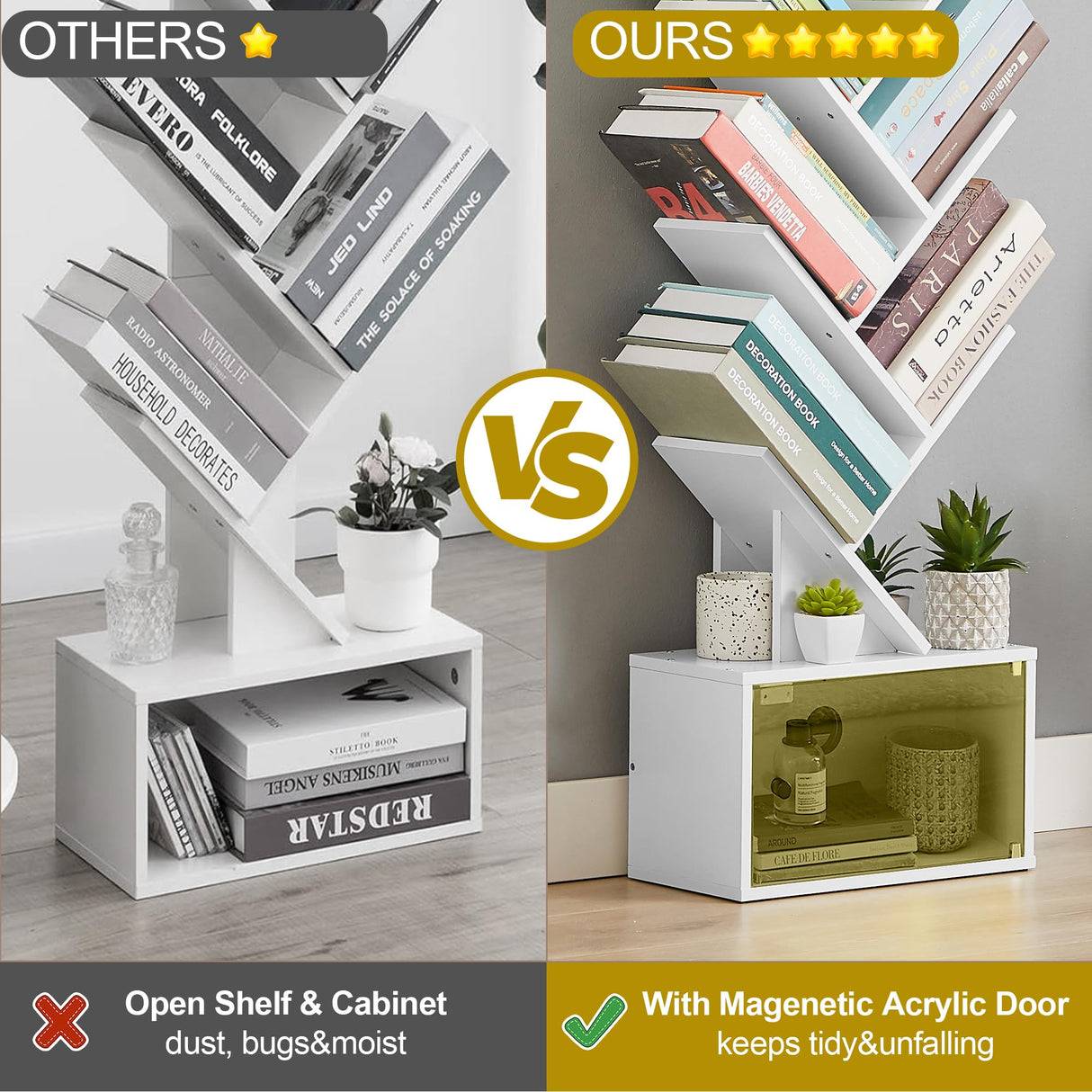 VECELO 7-Tier Tree Bookshelf with Drawer, Wooden Tree-Shaped Book Display Shelves for CDs/Magazines/Books, FreeStanding Geometric Bookcase Organizers for Home Office, Ivory White VECELO