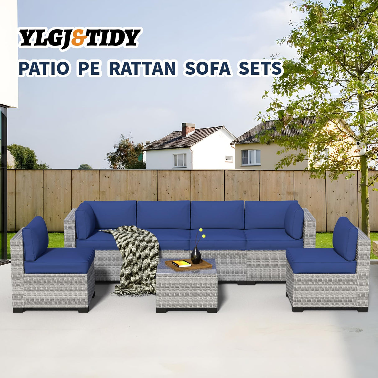YLGJ&TIDY 7-Piece Outdoor Patio Furniture Set, PE Rattan Sectional Sofa with Waterproof Cushions & Coffee Table, Modern Patio Conversation Set for Patio, Garden, Poolside (7, Greywhite & Navy Blue) YLGJ&TIDY