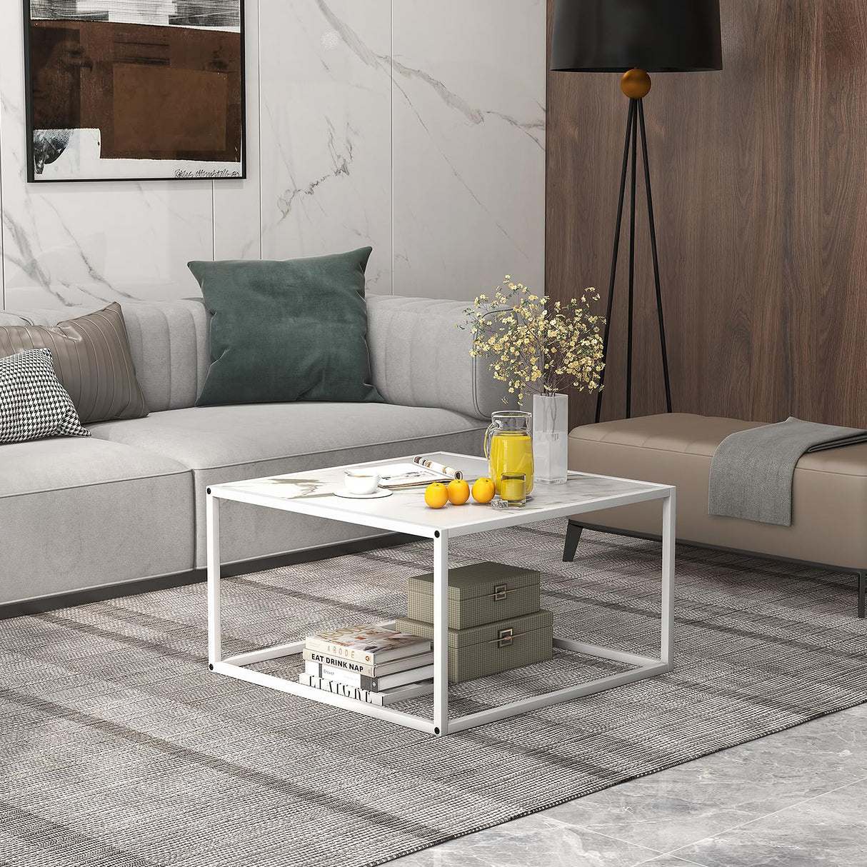 Giantex Square Coffee Table with Faux Marble Tabletop & Steel Frame, Center Cocktail Table, Accent Living Room Furniture, Low Bedside Table, Easy Assembly (White) Giantex