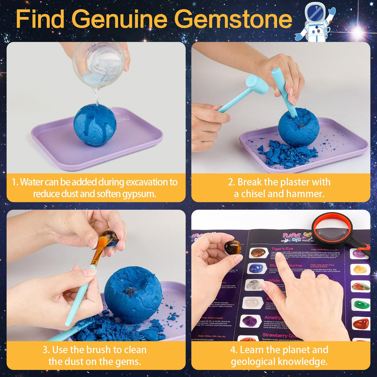 QLKUNLA Gemstones Dig Kit, Excavate 24 Real Gems in Solar System STEM Educational Space Toys for Boys & Girls Archaeology Geology Science Project Gift QLKUNLA