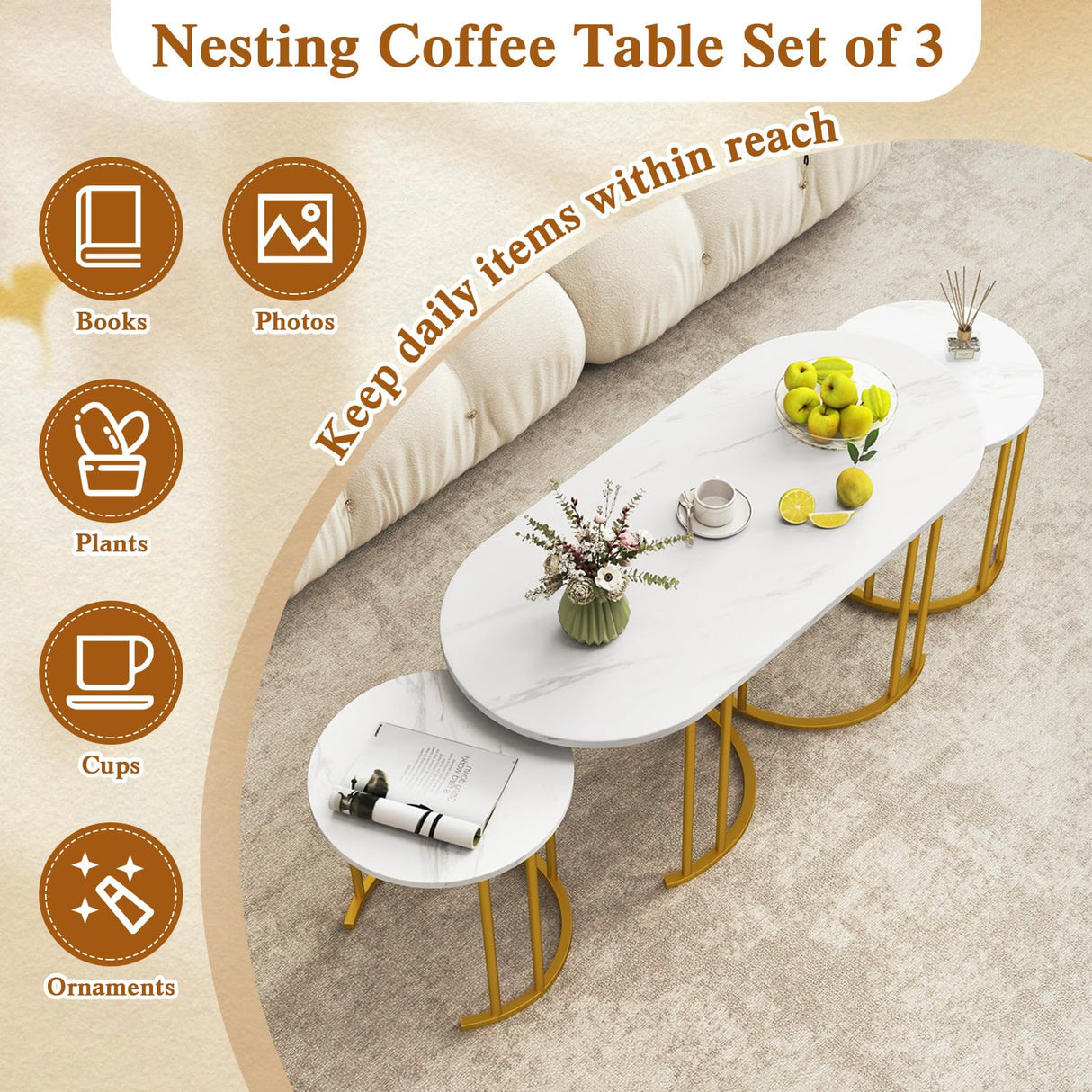 Giantex Nesting Coffee Table Set of 3, Stacking Side Tables with Faux Marble Tabletop & Gold Metal Frame, Oval Coffee Table & 2 Round End Tables, 3-Piece Modern Living Room Table Set for Apartment Giantex