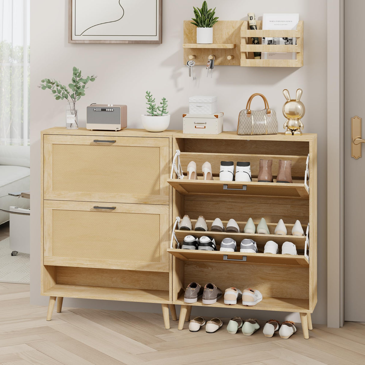 Gadroad Shoe Storage Cabinet with 2 Flip Drawers, Freestanding Hidden Shoe Organizer with Wood Legs, Farmhouse Narrow Shoe Rack for Entryway, Living Room, and Bedroom (Natural) Gadroad