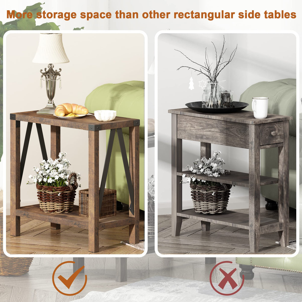 ChooChoo Farmhouse End Table for Small Spaces, Narrow Side End Table with Storage Shelf, Rustic A-Design Nightstand Sofa Table for Living Room, Bedroom (Rustic Brown) 2 Pack ChooChoo