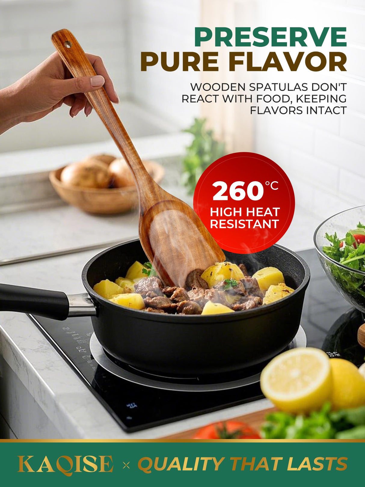 Handmade Wooden Spatulas for Cooking, Natural Teak Wooden Utensils, Smooth Finish Wooden Flat Cooking Spatula Turner Set (2Pcs) KAQISE