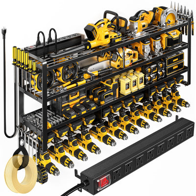 POKIPO 49.5" W Large Power Tool Organizer Wall Mount with Charging Station, 4-Tier Heavy Duty12 Cordless Drills Holder Load 600 lb, Tool Battery Storage Rack Built in 8 Outlet Power Strip for Garage
