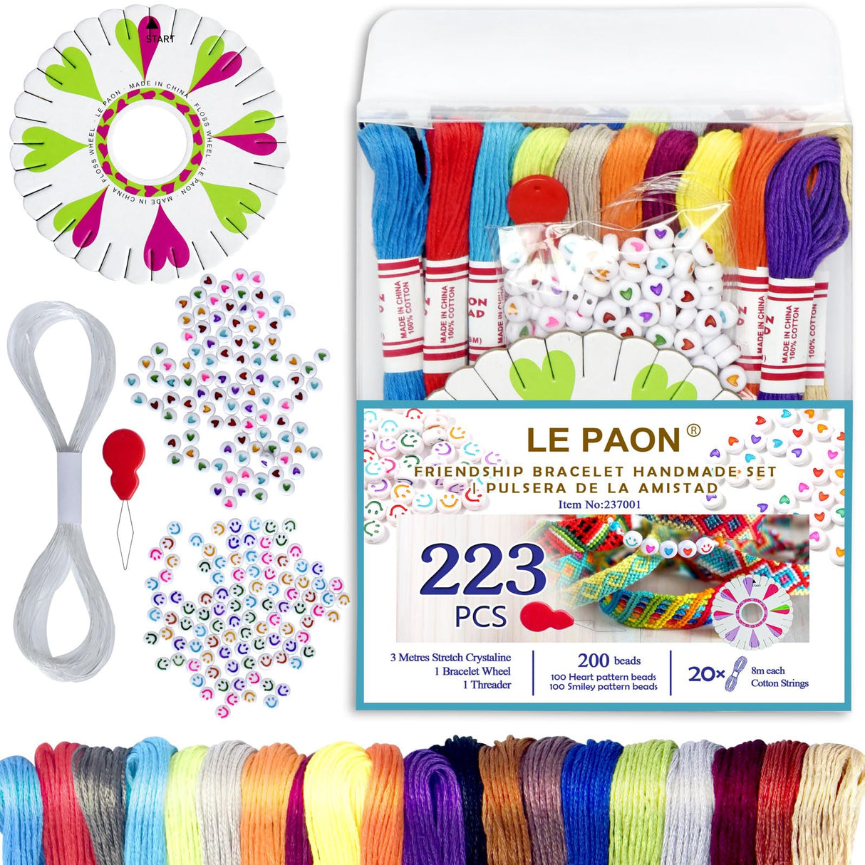 20 skiens Embroidery Floss,Embroidery Thread Friendship Bracelet Stitch Kit, Crafts Thread with 200beads,1 roll of transparent thread, 1 bracelet wheel,1 threader LE PAON