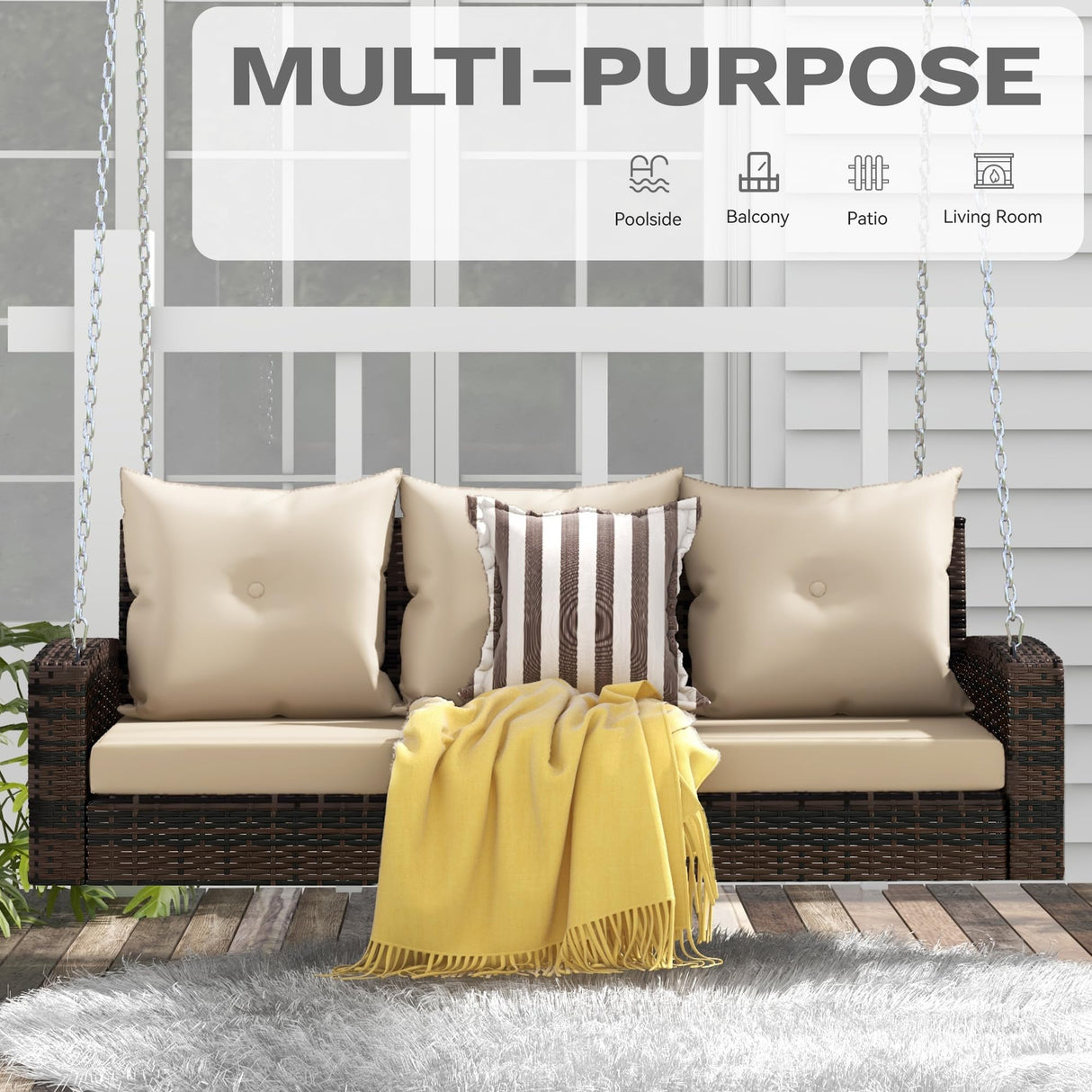 DWVO 3 Seats Porch Swing Hanging Bench Swing Outdoor Wicker Patio Swing Lounge Front Rattan Swing 794lbs for Garden, Balcony, Brown&Beige DWVO