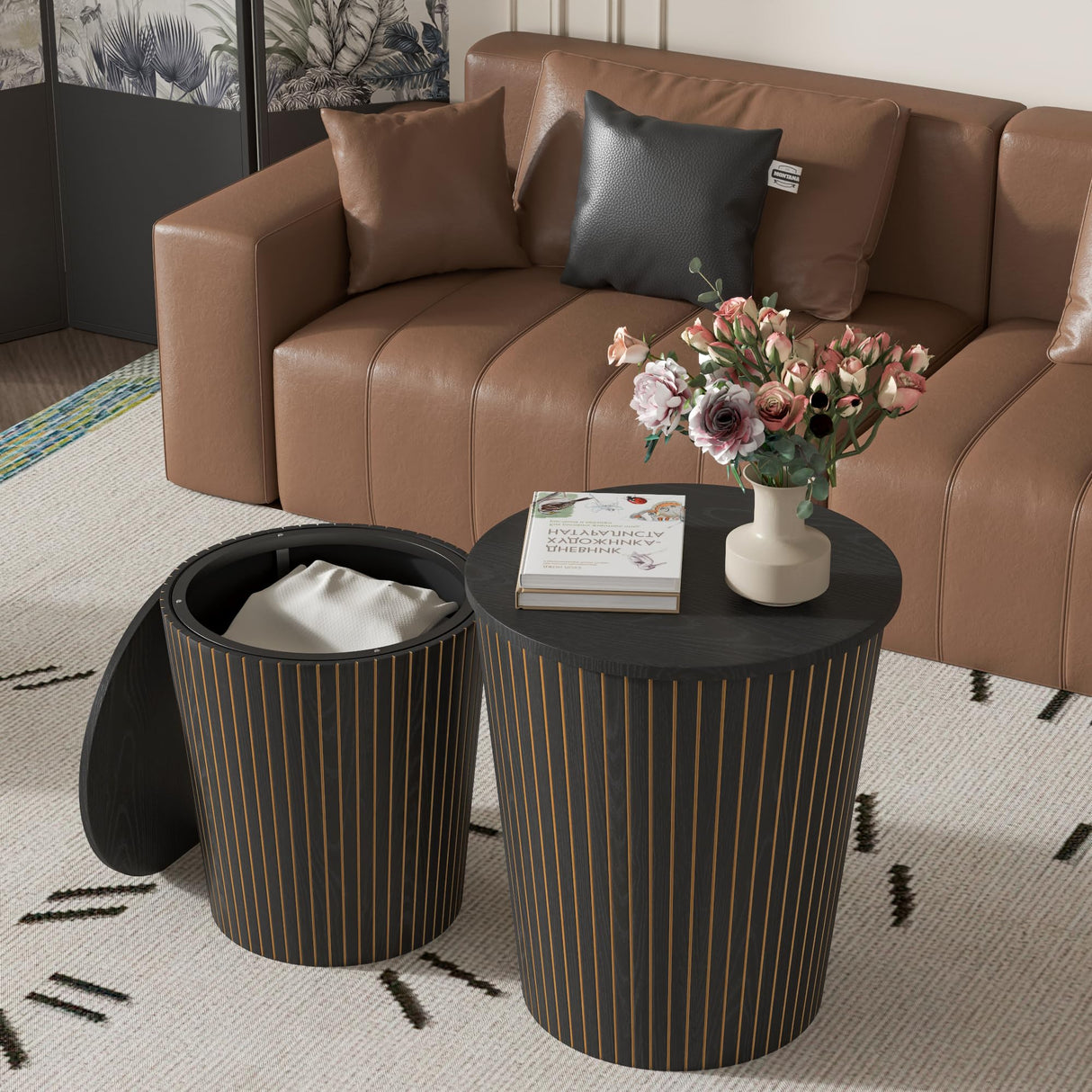 Round Coffee Table Set,2-Piece Modern Farmhouse Living Room End Table Set, Nesting Table Round Natural Finish for Living Room (Black, 17.72'') Lisicues