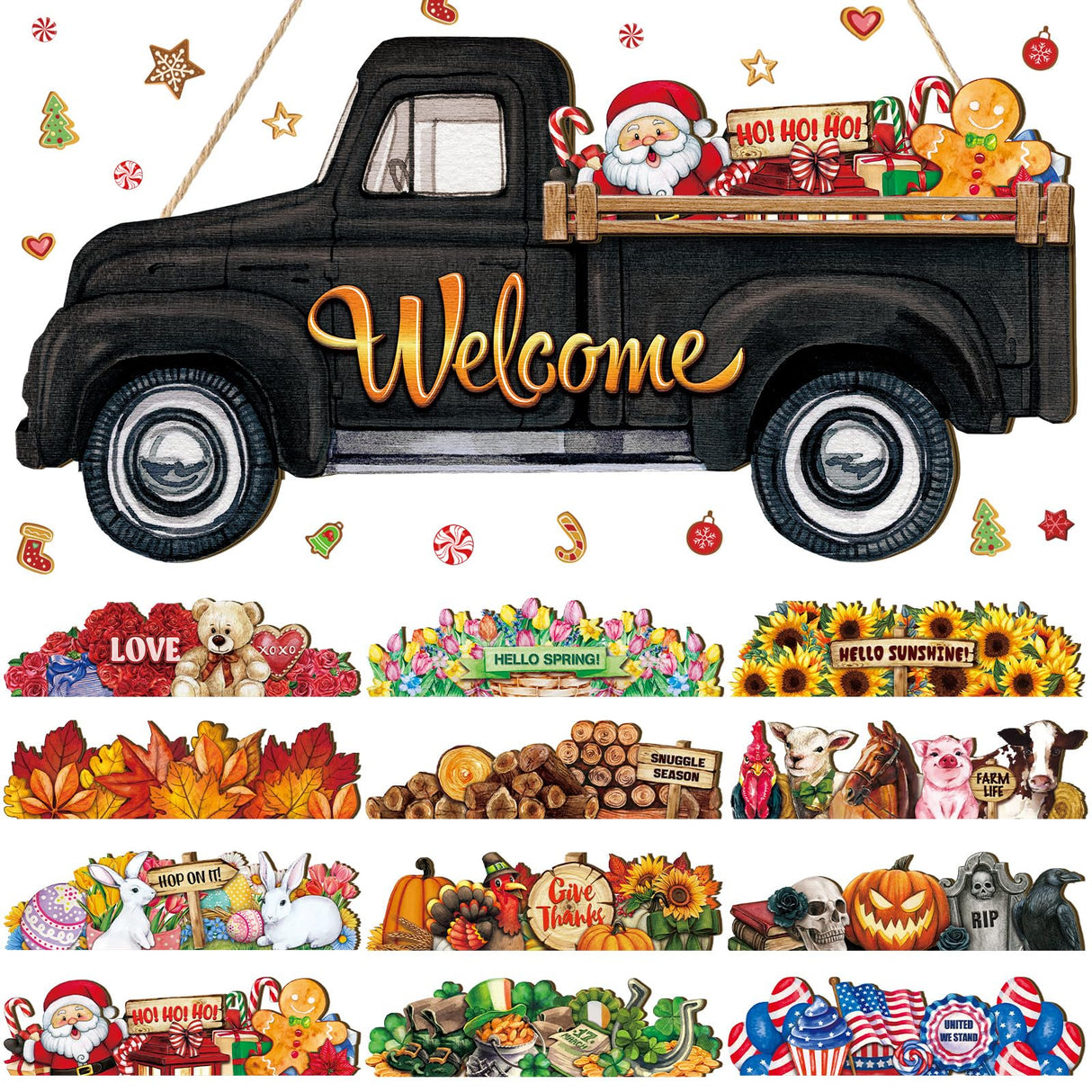 Ferraycle Interchangeable Welcome Sign Christmas Truck Decor Seasonal Door Signs with 12 Holiday Icons Rustic Farmhouse Interchangeable Holiday Decor for Christmas All Seasons(Black) Ferraycle