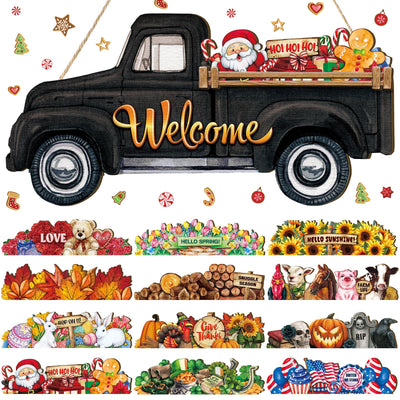 Ferraycle Interchangeable Welcome Sign Christmas Truck Decor Seasonal Door Signs with 12 Holiday Icons Rustic Farmhouse Interchangeable Holiday Decor for Christmas All Seasons(Black)