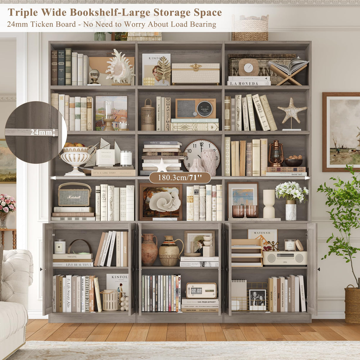 FACBOTALL 75" Triple Wide Bookshelf, Bookshelf and Bookcase with 6 Farmhouse Doors, 71" Wide 6 Tier Book Shelf with 18 Storage Shelves, Large Wooden Bookshelves, Tall Bookcase for Home Office, Gray FACBOTALL