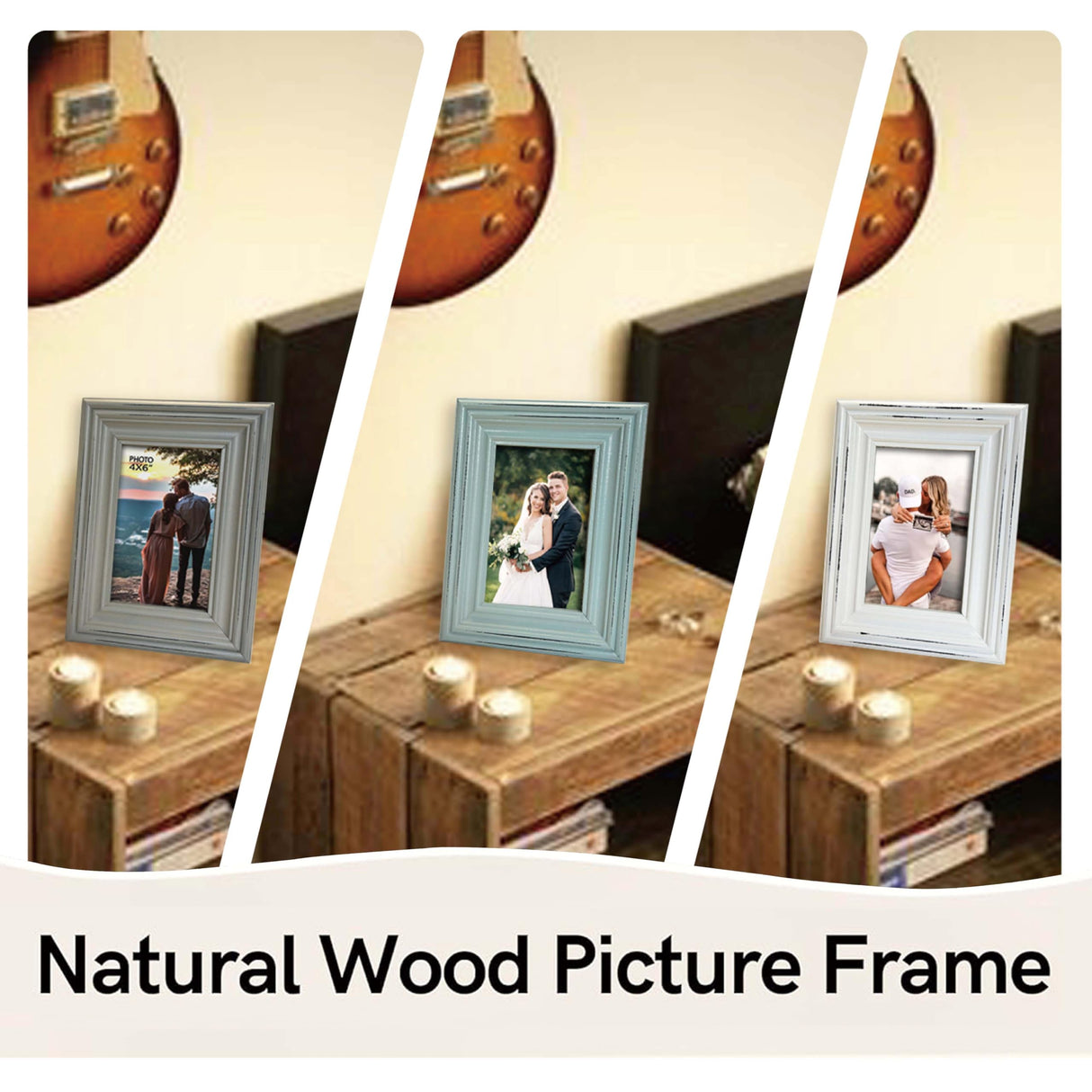 Vintage 4x6 Inches Wooden Picture Frame Pack of 3 Farmhouse Aqua Grey White - Rustic Thick Wood High Definition Glass Photo Frame Outside 6x8 Inches - 2 Ways Display Tabletop or Wall Mounted EXQUIDECA