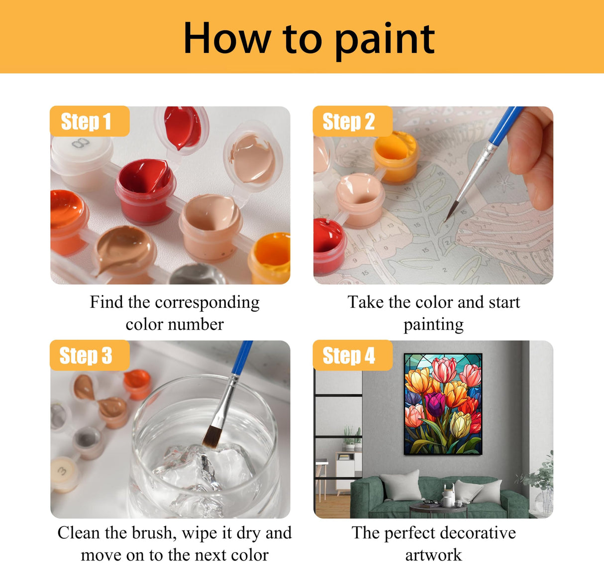 Mowana Paint by Numbers Kit for Adults Beginners, Stained Glass Tulips Paint by Number Kits on Canvas with Frame and Easel for Gift and Home Wall Decor (8 * 12 Inch) Mowana