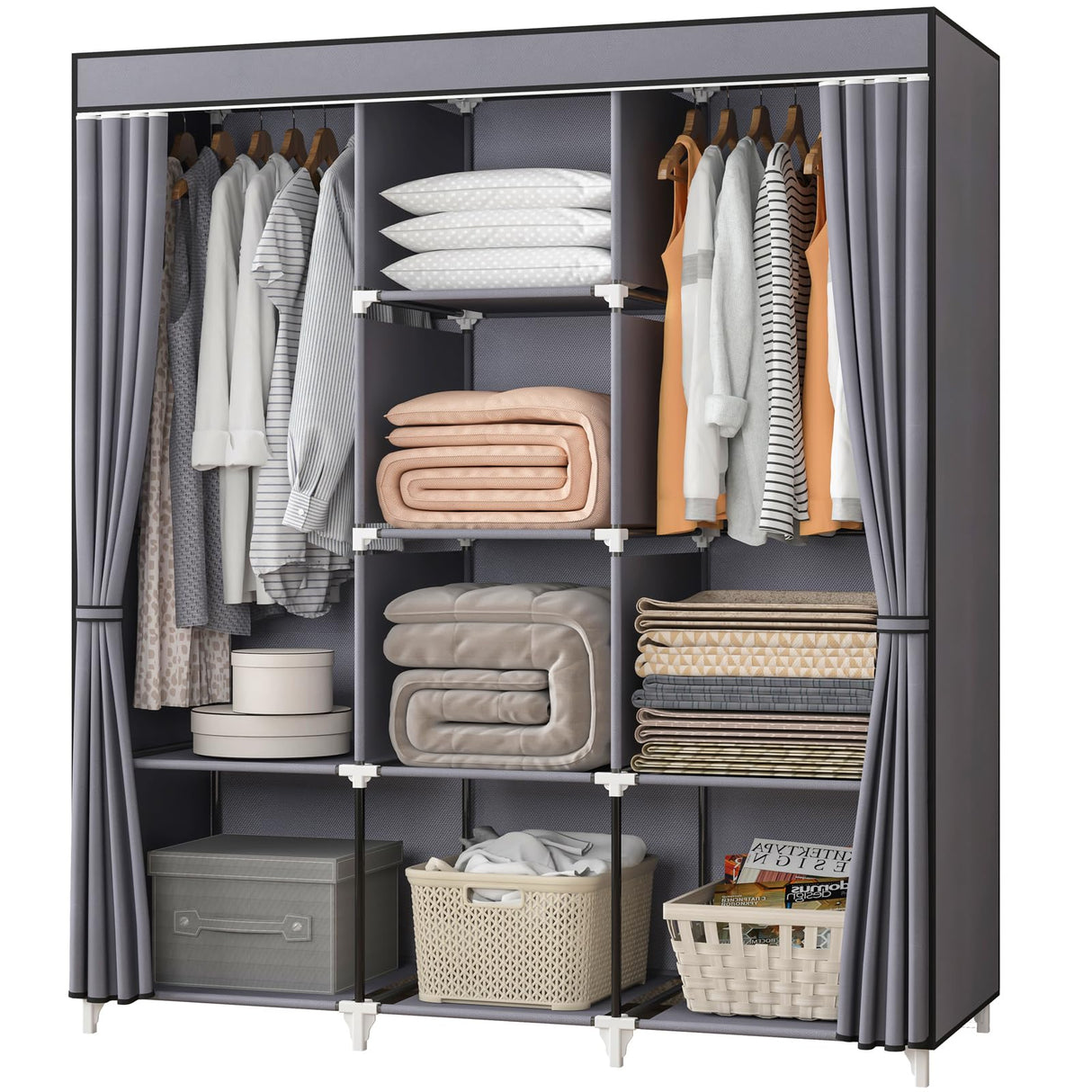 KEKIWE Portable Closet, 51 Inch Wardrobe Closet for Hanging Clothes with 2 Hanging Rods, 8 Storage Organizer Shelves for Bedroom, Durable and Easy to Assemble, Grey KEKIWE