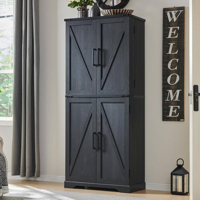 JXQTLINGMU 72" Tall Storage Cabinet, Farmhouse Pantry Cabinet with Door Shelves, Drawer and Magnetic Catches, Rustic Wood Organizer for Kitchen, Bathroom, Living Room, Black