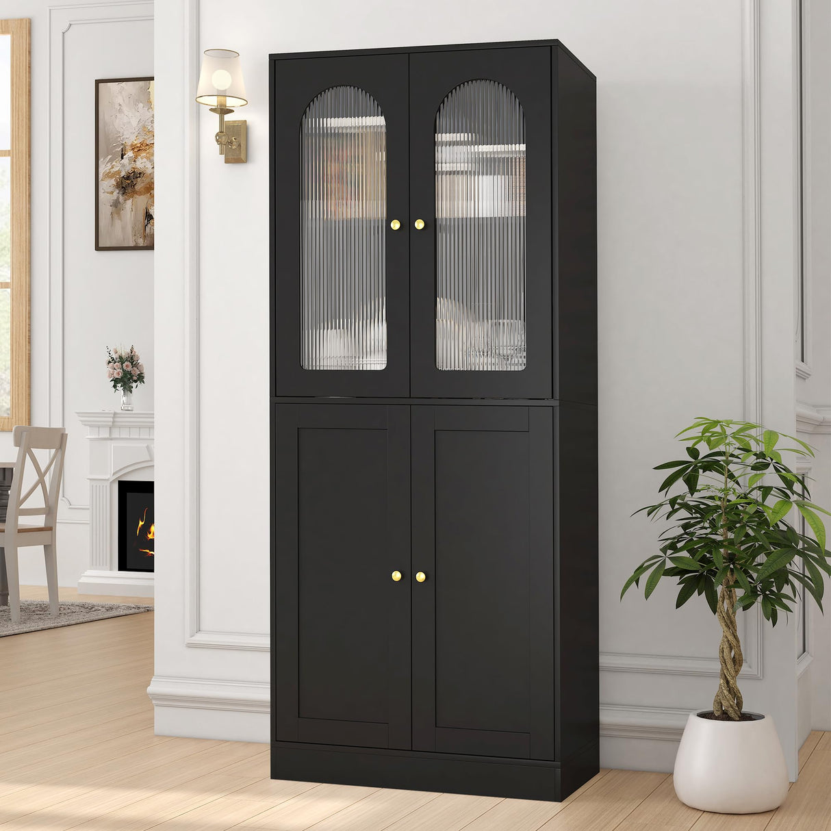BOMETAO 71" Tall Kitchen Pantry Cabinet, Kitchen Storage Cabinet with Glass Doors and Adjustable Shelves, Wood Food Pantry Cabinet, Freestanding Cupboard for Kitchen, Dining Room, Black BOMETAO