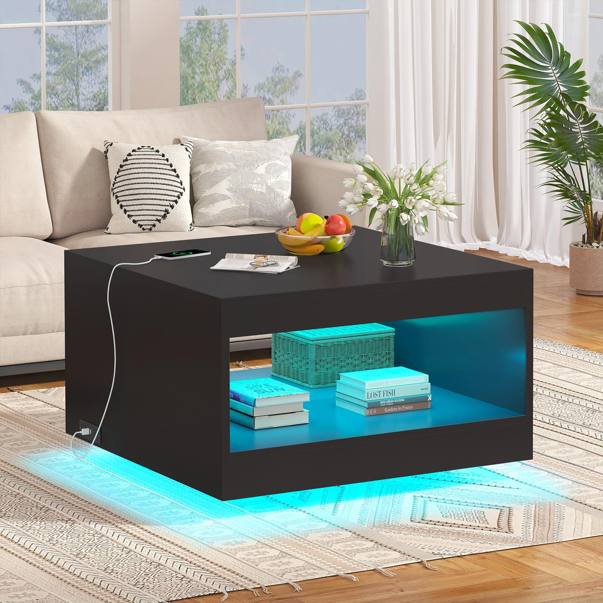 Black Coffee Table with Open Storage, Square Wood Coffee Table with LED Lights and Charging Station, Stylish Living Room Table, Modern Center Table for Living Room, Bedroom, Office Gacfiew