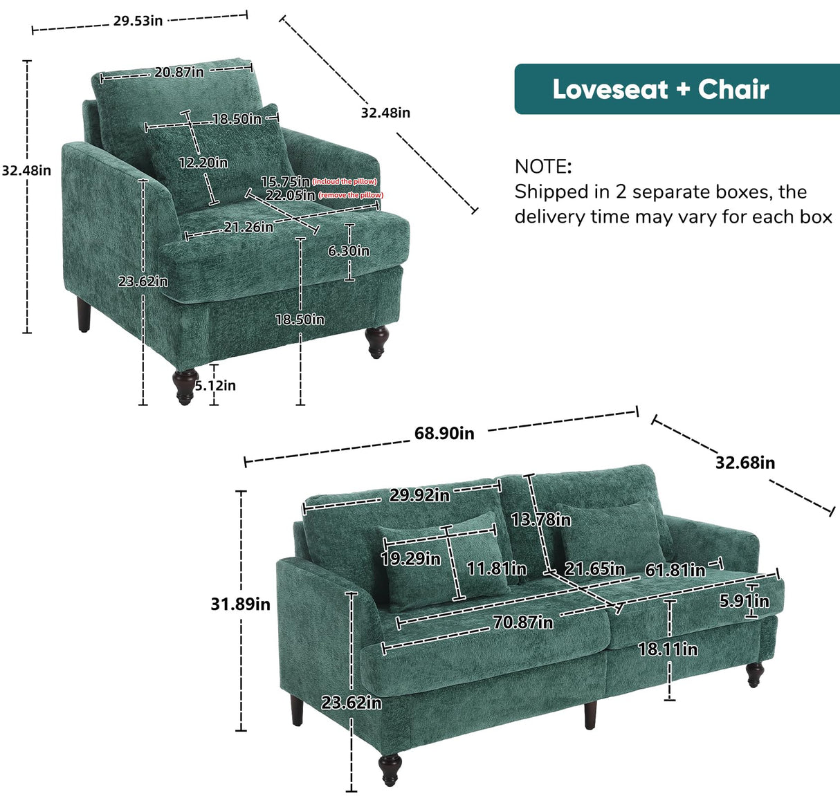 JOYBASE 2 Pieces Living Room Furniture Sets, Loveseat Couch and Accent Chair, Mid-Century Modern Sofa Set for Living Room, Apartment, Office, Bedroom (Emerald, Chenille) JOYBASE