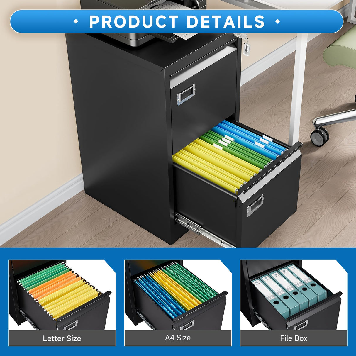 BYNSOE 2 Drawer File Cabinet with Lock Metal Vertical Filing Storage Cabinet Office Home Steel Vertical File Cabinets for A4 Legal/Letter Size Narrow File Cabinet Locked,Assembly Required BYNSOE