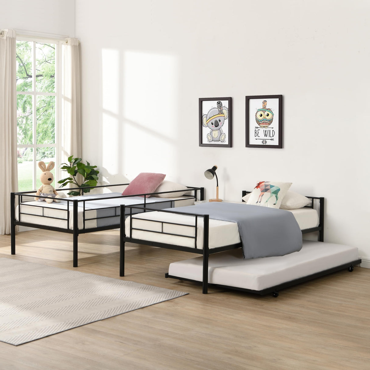 Over Twin Bunk Bed Frame with Trundle, Heavy-Duty Metal Bunk Bed Frame with Sturdy Guard Rail and 2 Ladders, No Box Spring Needed, Noise Free for Dorm, Space-Saving Bunk Bed for Teens/Adults, Black Zyerch