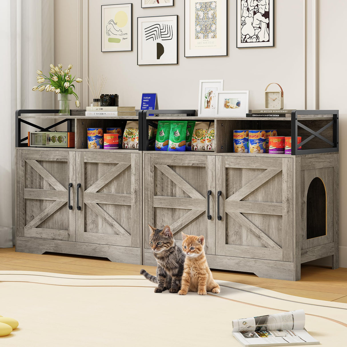 OtterOasis Cat Litter Box Enclosure, Ultra-Large Hidden Litter Box Furniture with Top Opening, Anti-Tipping Fence and 2 Open Drawers, Litter Box Cabinet End Table, Grey OtterOasis