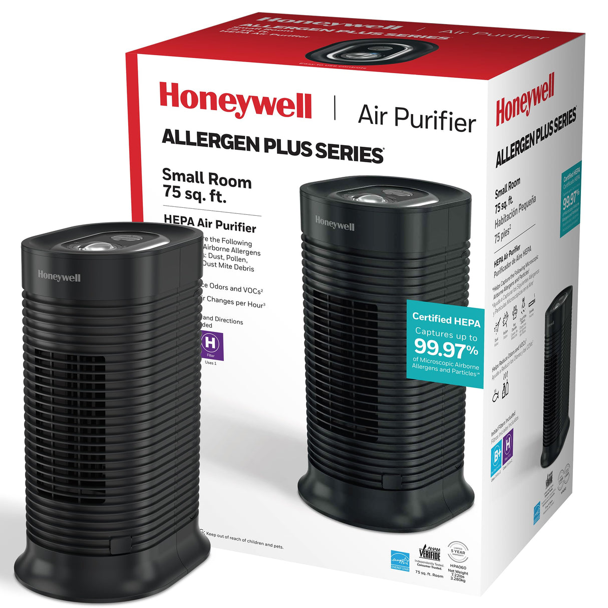 Honeywell AllergenPlus HEPA Tower Air Purifier, Airborne Allergen Reducer for Small Rooms, Reduces Allergens, Smoke, Wildfire Smoke, Pollen, Pet Dander and More, Black, HPA060 Honeywell