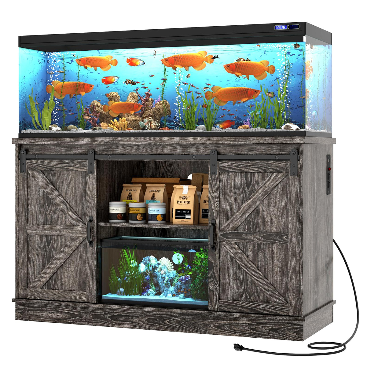 Hlivelood Farmhouse 55-75 Gallon Fish Tank Stand with Power Outlet, Aquarium Stand with Cabinet&Sliding Barn Door, Heavy Duty Reptile Tank Stand for 2 Fish Tank/Turtle Tank/Reptile Terrarium, Grey Hlivelood