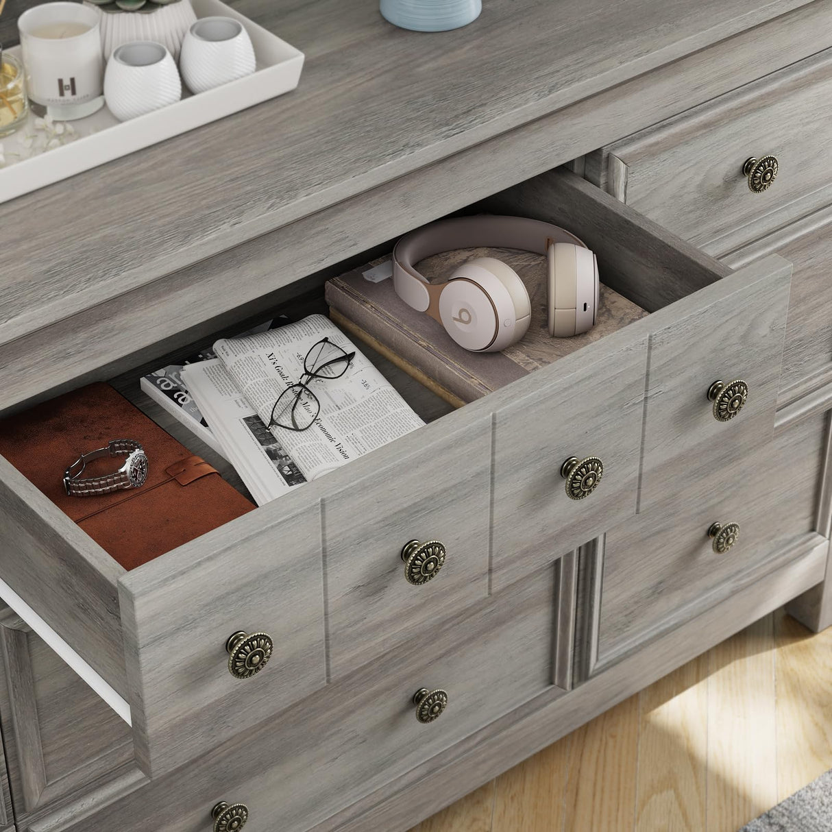Farmhouse 9 Drawers Dresser for Bedroom, Wood Rustic Wide Chest of Drawers, TV Stand Storage Dressers Organizer for Bedroom, Living Room, Hallway,Gray LGHM