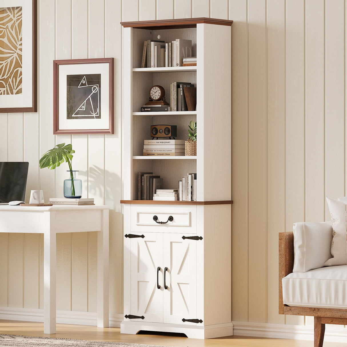 IRONCK Bookshelf with Storage Cabinet, 72" Tall Farmhouse Bookcase with Adjustable Shelves and Drawer, 4 Tier Open Shelf Bookcase with LED Lights for Home Office, Living Room, White/Walnut IRONCK