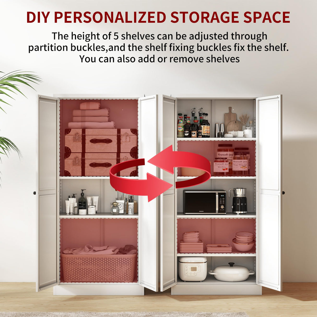 AQY Kitchen Pantry Cabinet,61" White Pantry Storage Cabinet with 4 Tier Adjustable Shelves and 2 Doors,Freestanding Cupboard,Metal Pantry Cabinets with Handle for Living Room Kitchen Assembly Required AQY