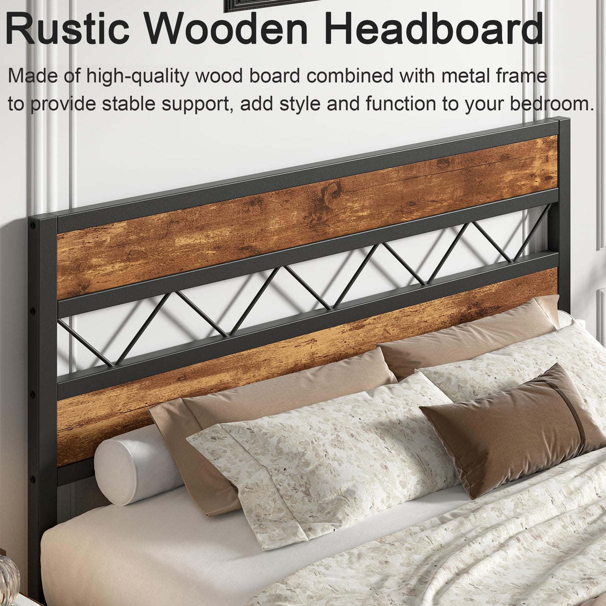 VECELO Full Size Bed Frame with Headboard, Heavy-Duty Platform Bedframe with Metal Slats Support, No Box Spring Needed, Easy Assembly, Black & Brown VECELO
