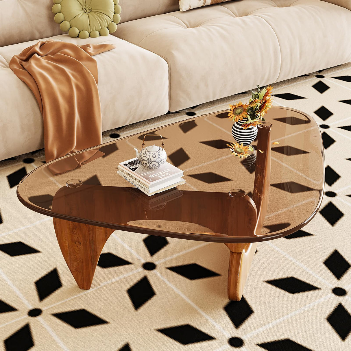 CAJCA Coffee Table for Living Room Mid Century Modern Center Table with Glass Top and Wood, Brown/Walnut