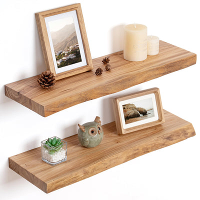 FLYJOE Floating Shelves for Wall Decor, Rustic Solid Elm Wood Floating Shelves Wall Mounted, Wall Shelves with Invisible Bracket for Living Room Bedroom Kitchen, 24 Inch Set of 2, Natural