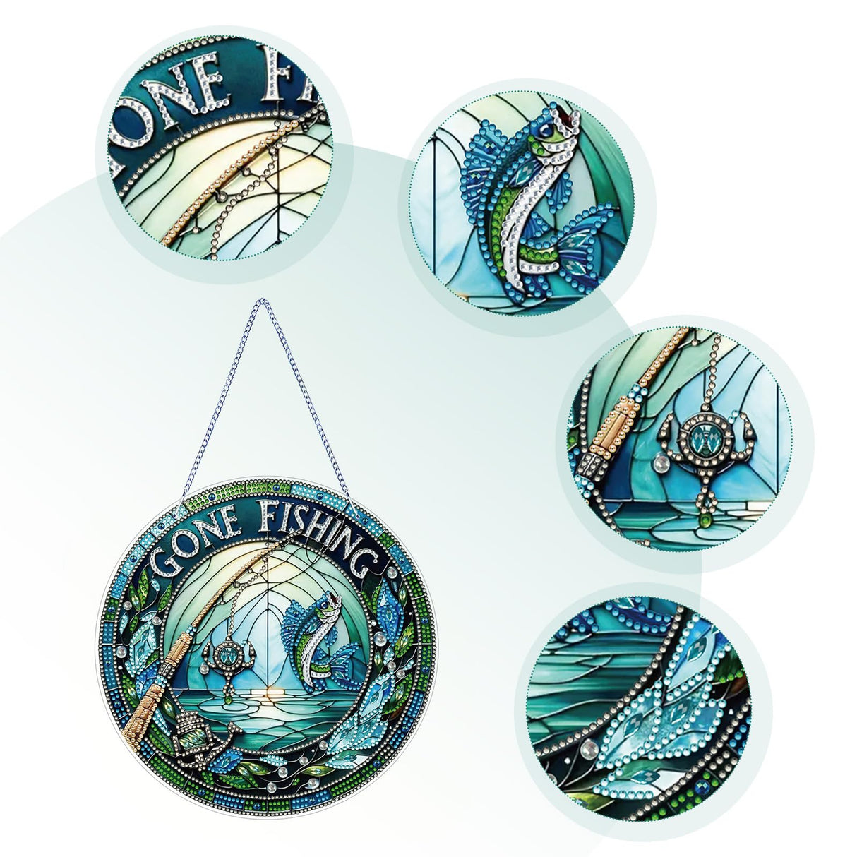 POETRYDRAW DIY Hanging Diamond Art Pendant Kit Hooked Fish, Special Crystal Diamonds Painting Ornament for Adults, 5D Diamond Art Suncatchers Double Sided Board Gem Painting Box Kit POETRYDRAW