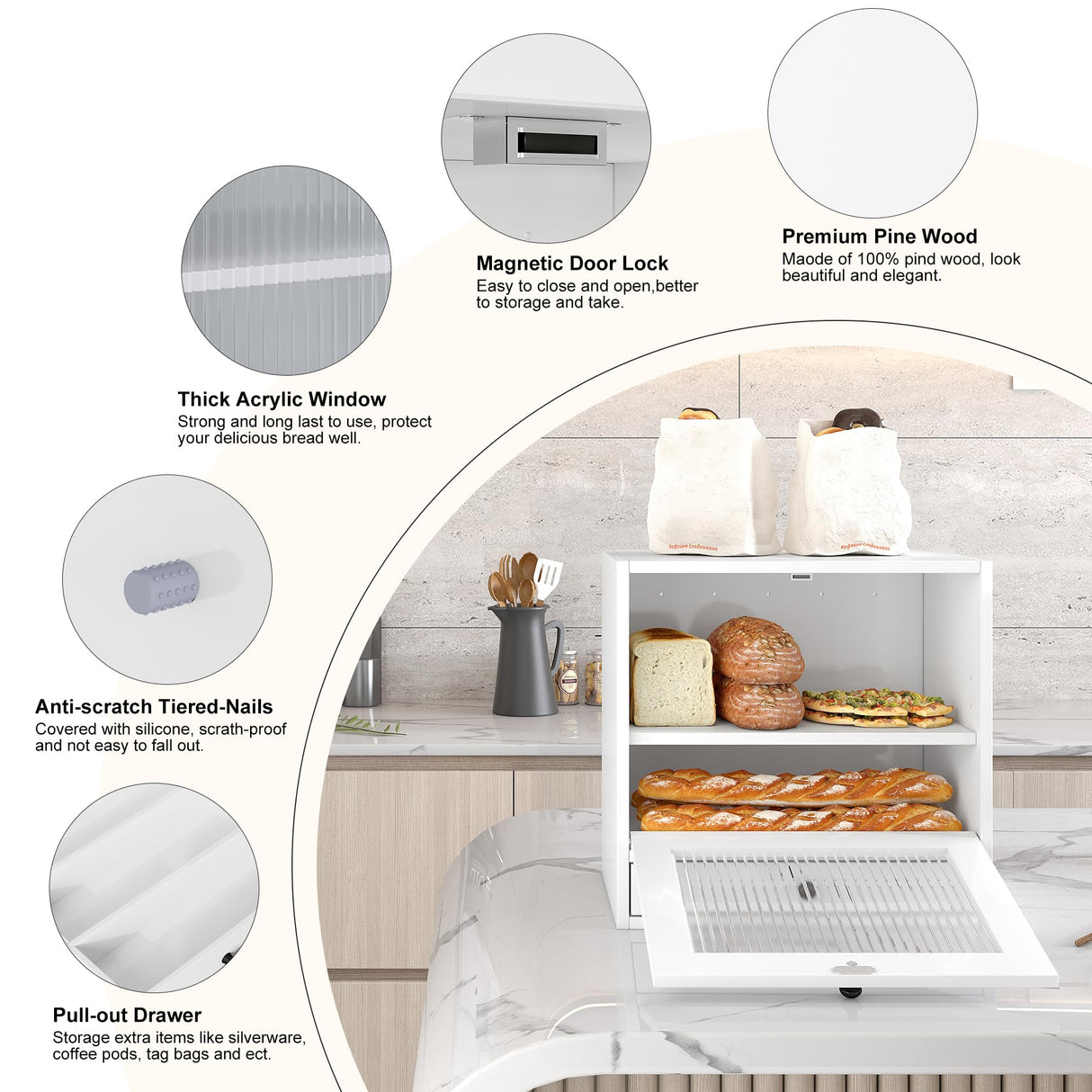 Alpeir Bread Box for Kitchen Countertop, Large Corner Bread Storage Container, 3 Tier Wooden Breadbox Bin, Farmhouse Pantry Shelf with Acrylic Window, White Alpeir