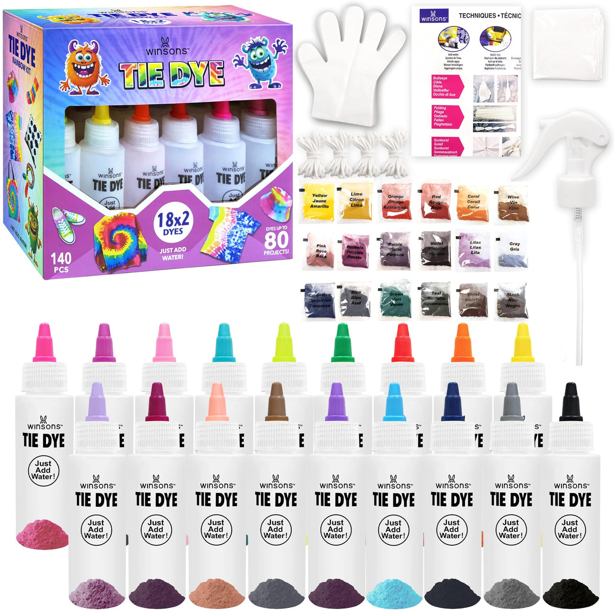 18 Colors Tie Dye Kit, Tie Dye Set for Kids, Pre-Filled Tye Dye Bottles, Non Toxic Permanent Fabric Dye Art Set, Easy DIY Fabric Art - Create Fun WINSONS