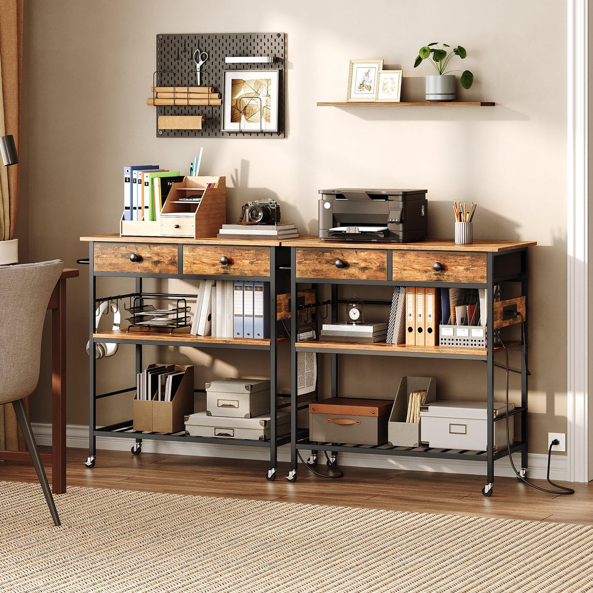 HOOBRO Kitchen Island with Storage, Rolling Island Cart for Kitchen with 2 Drawers & Outlet, 3 Tier Coffee Station and Microwave Stand, Kitchen Island Table for Home, Rustic Brown and Black BF08UZD01 HOOBRO