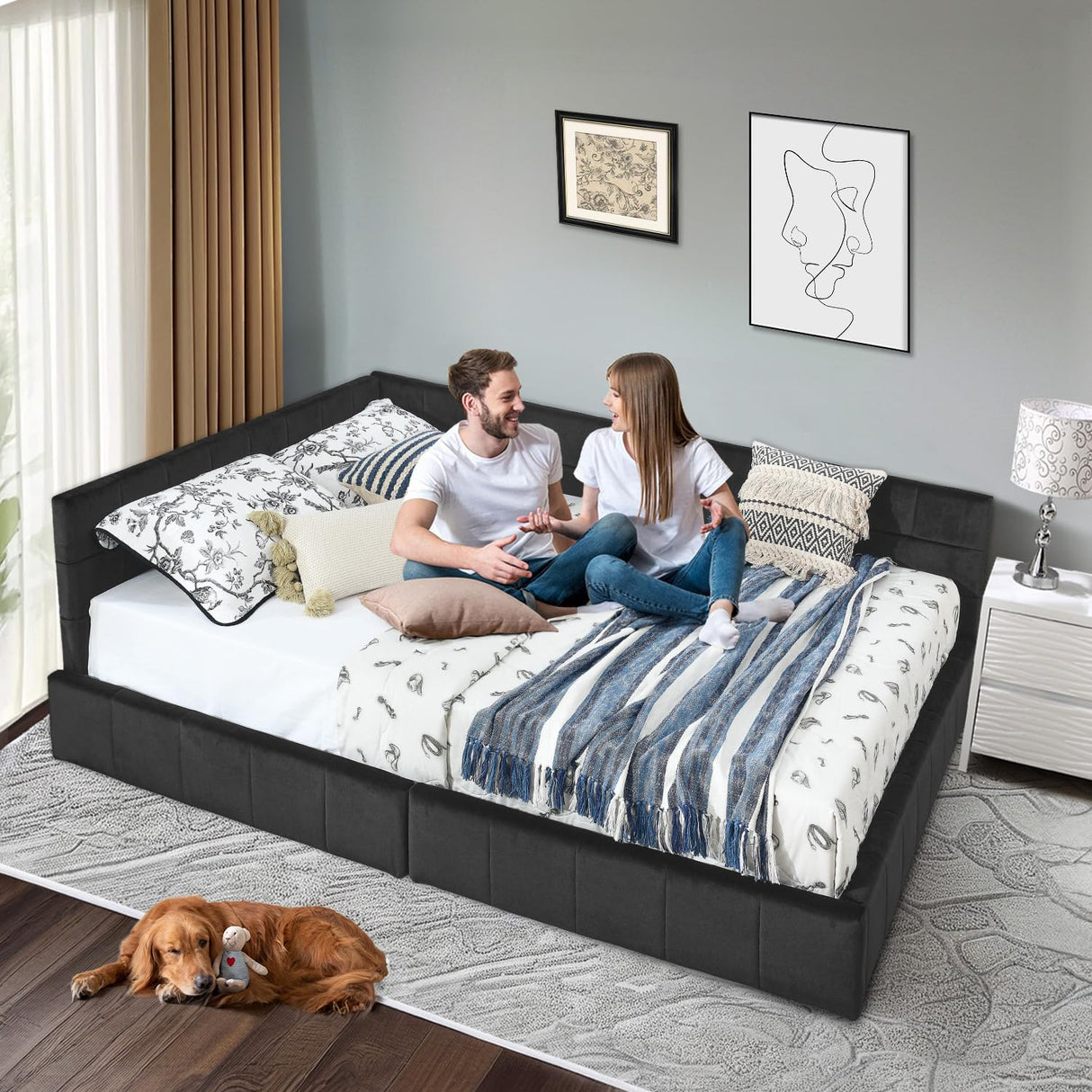 Queen Daybed with Storage Drawers, Modern Corner Tufted Velvet Upholstered Queen Size Sofa Day Bed Frame with Wooden Slats for Bedroom Guest Room Living Room, No Spring Boxes Needed, Black Antetek