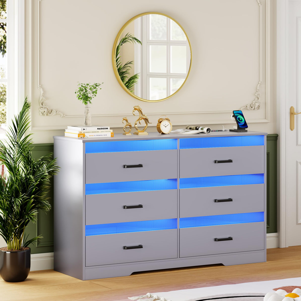 Grey Dresser for Bedroom with LED Light, 6 Drawer Large Chest of Drawers, Modern Dresser with Charging Station, Wood Bedroom Dresser for Closet/Living Room/Hallway Dystler